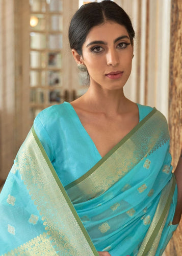 Arctic Blue Zari Woven Linen Silk Saree Clothsvilla