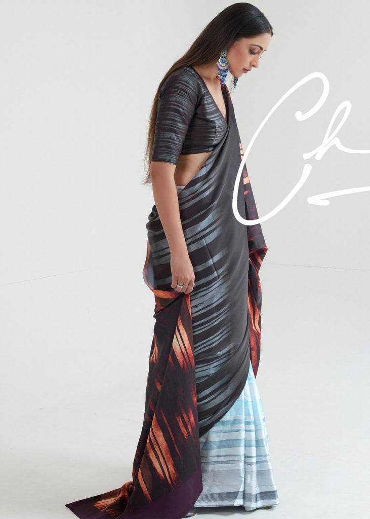 Hickory Brown & Blue Satin Silk Digital Printed Saree Clothsvilla