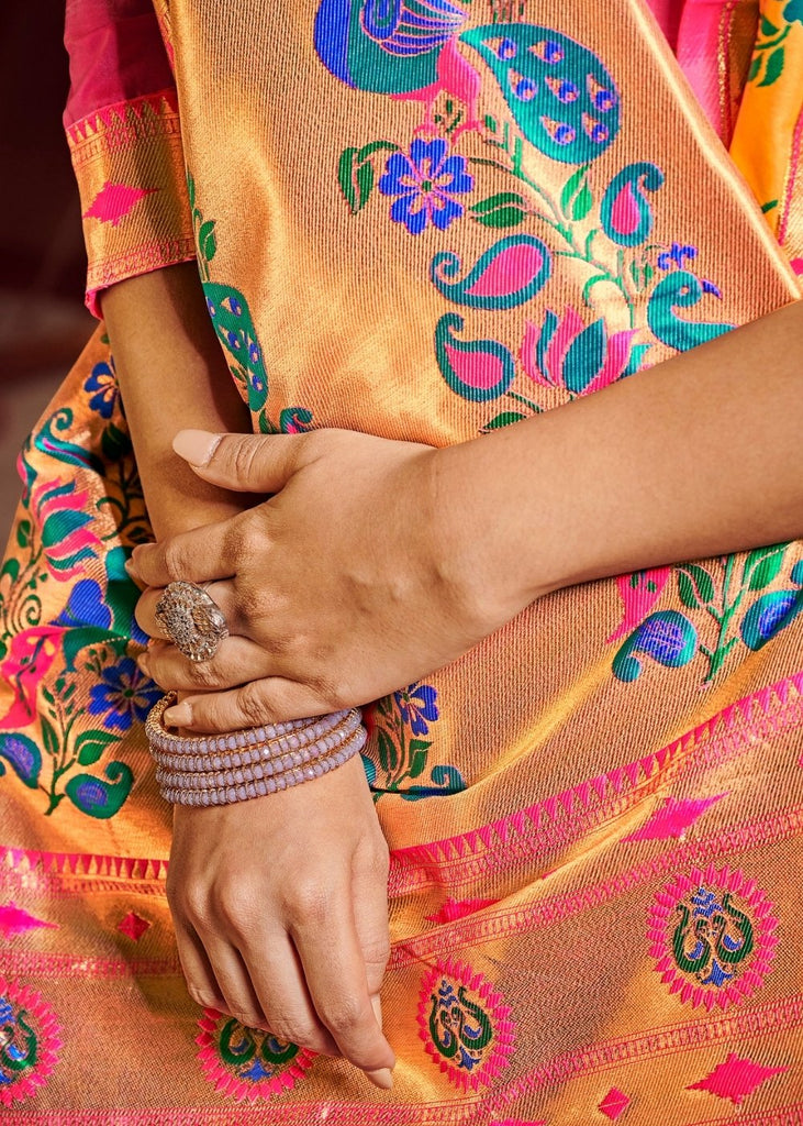Saffron Yellow Woven Banarasi Paithani Silk Saree Clothsvilla