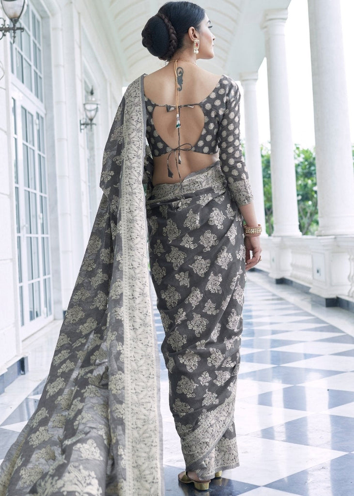 Silver Grey Lucknowi Chikankari Weaving Silk Saree Clothsvilla