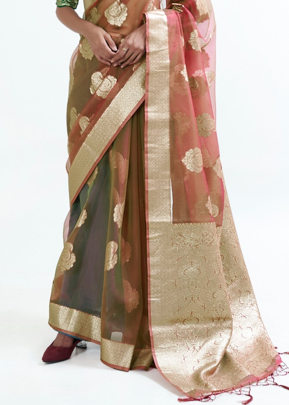 Light Brown Designer Woven Organza Silk Saree Clothsvilla