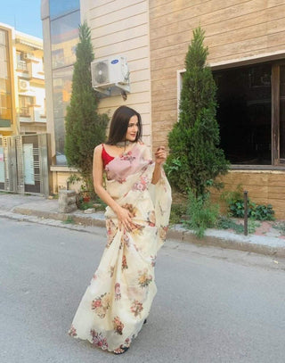 Kashmiri Organza Floral Print Handwork Saree with Maroon Silk Blouse ClothsVilla