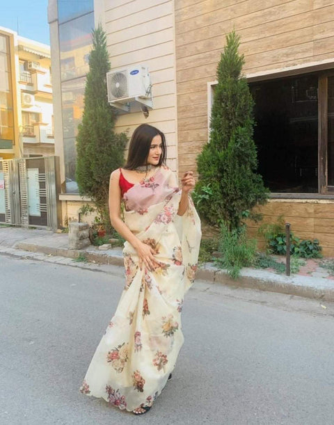 Kashmiri Organza Floral Print Handwork Saree with Maroon Silk Blouse ClothsVilla Main image
