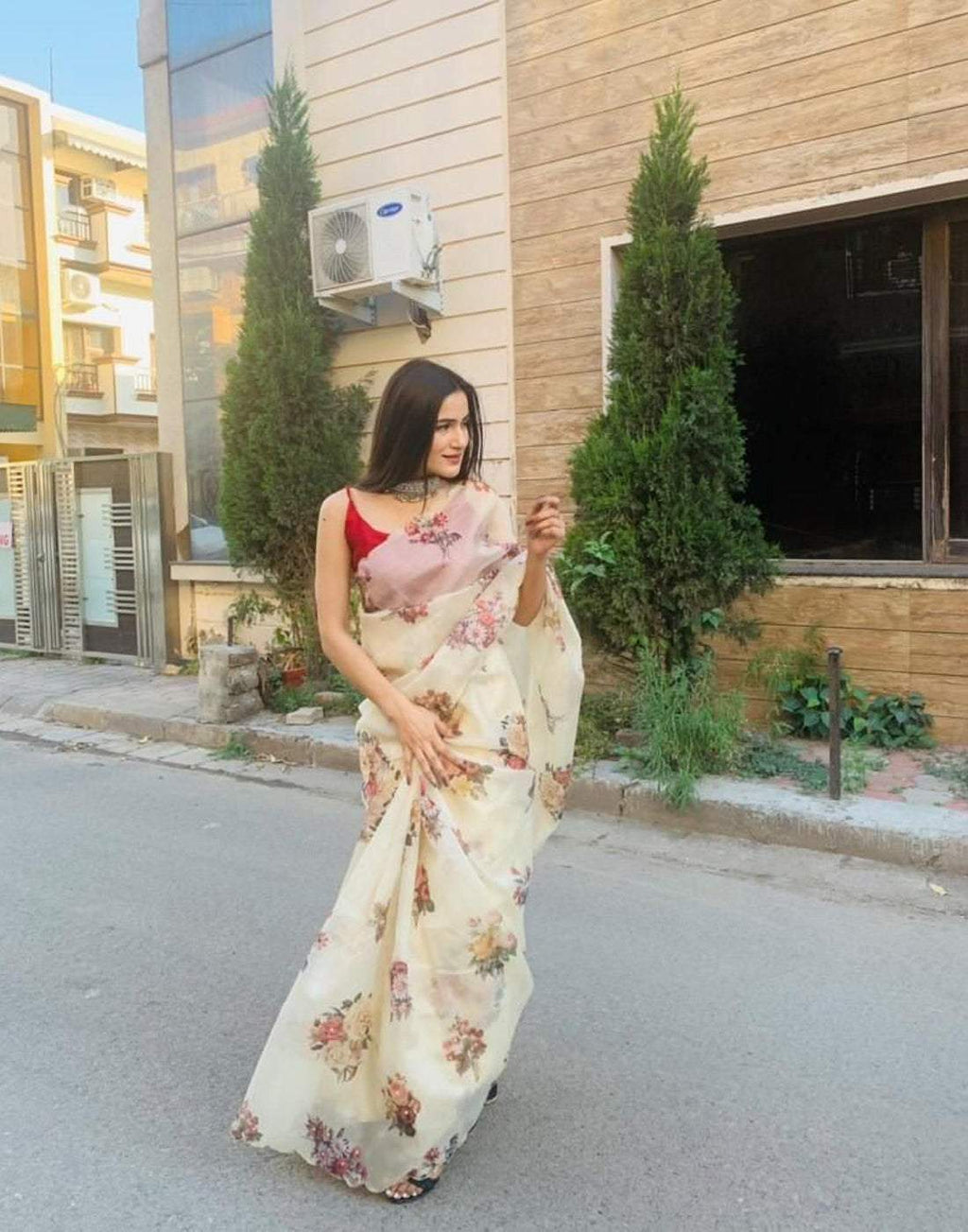 Kashmiri Organza Floral Print Handwork Saree with Maroon Silk Blouse ClothsVilla
