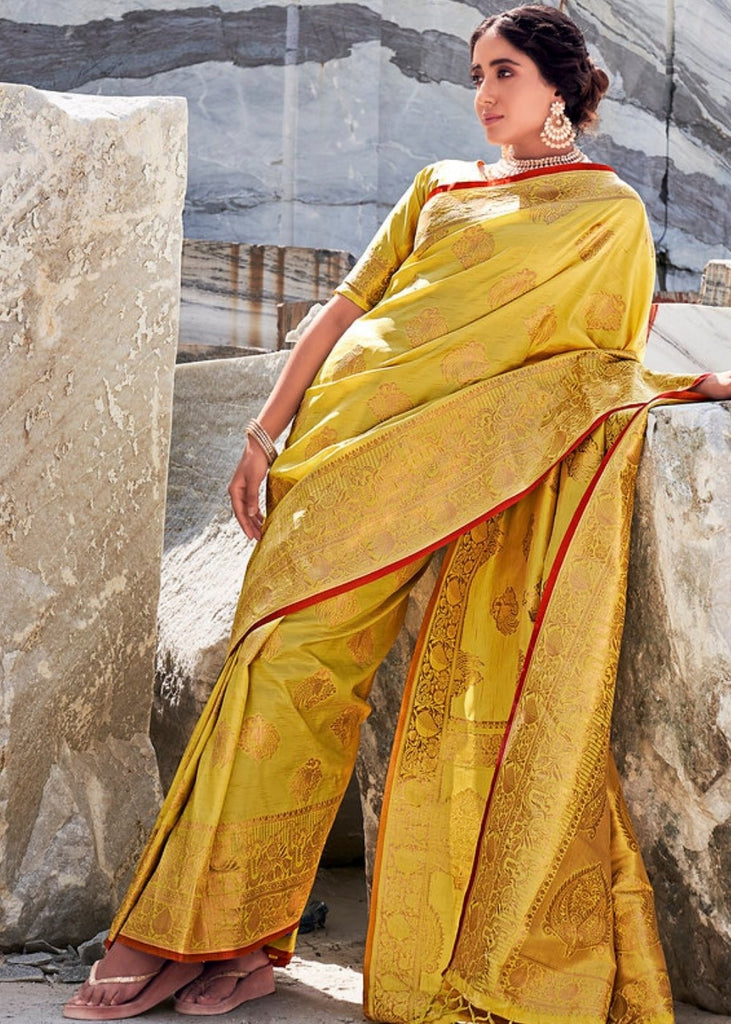 Medallion Yellow Woven Designer Silk Saree with Butti overall Clothsvilla