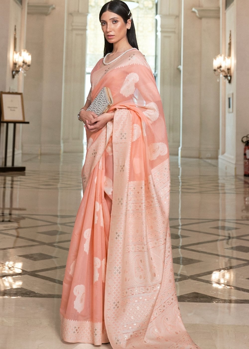 Salmon Orange Lucknowi  Chikankari Weaving Silk Saree Clothsvilla Main image