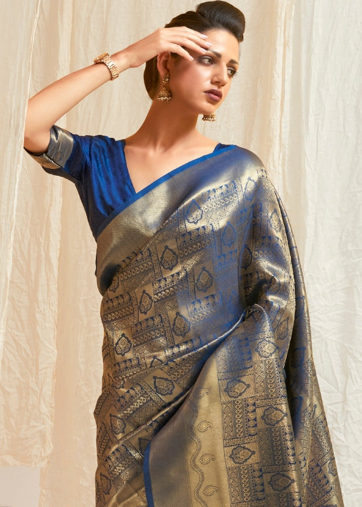 Lapis Blue & Golden Blend Kanjivaram Silk Saree Clothsvilla