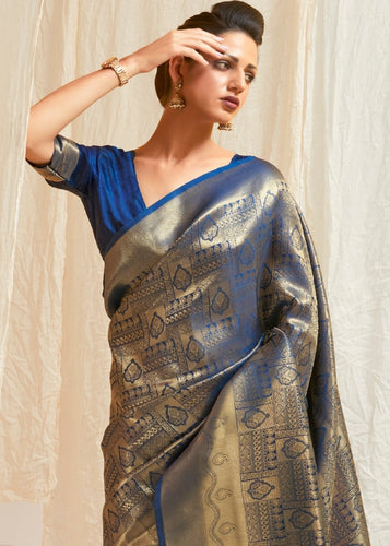 Lapis Blue & Golden Blend Kanjivaram Silk Saree Clothsvilla