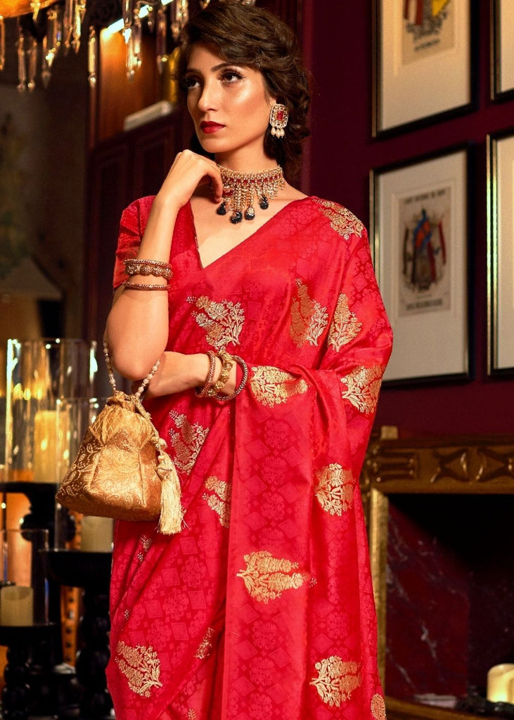 Scarlet Red Satin Woven Silk Saree with overall Golden Buti Clothsvilla