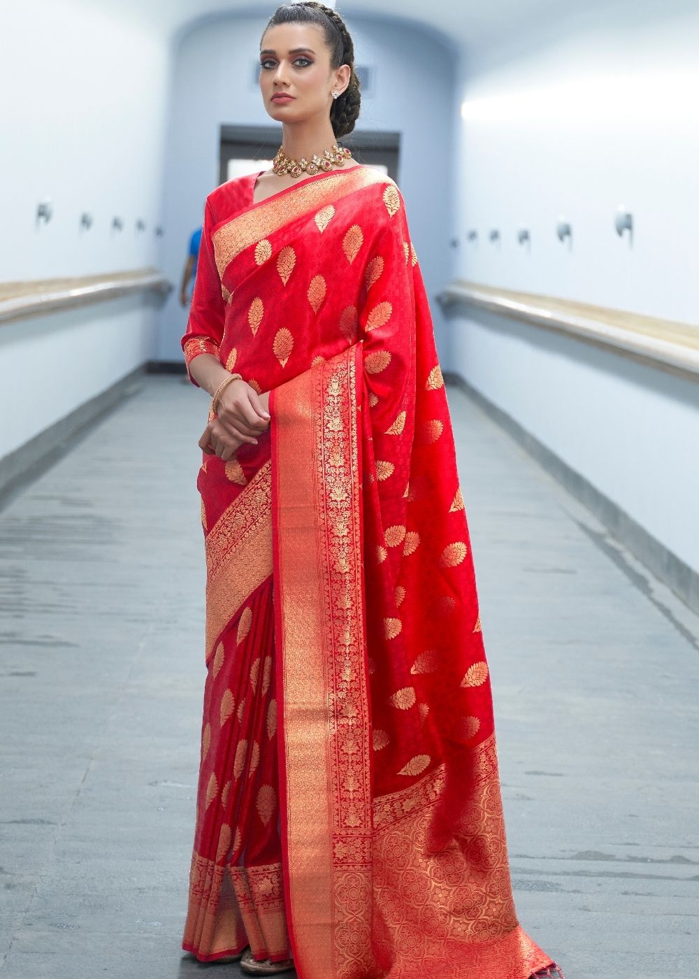 Crimson Red Woven Banarasi Silk Saree with overall Butti Clothsvilla