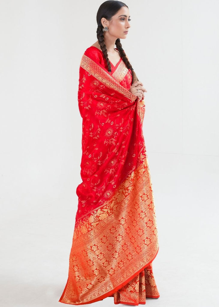 Candy Red Zari Woven Banarasi Silk Saree Clothsvilla