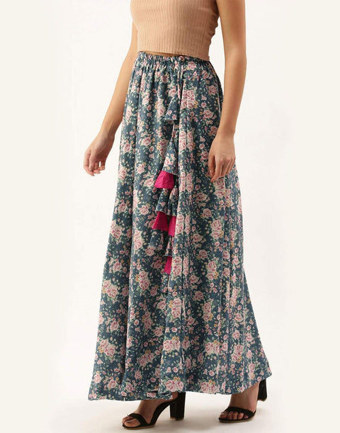 Grey Color Rayon Cotton Skirt with Digital Flowers Print ClothsVilla Main image