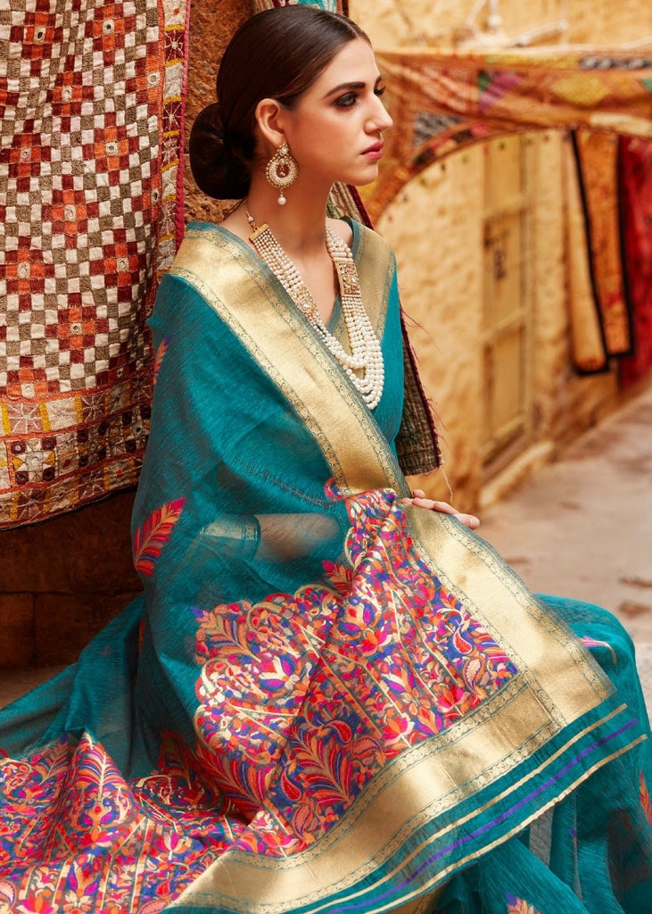 Pine Green Linen Silk Saree with Colorful Weaving work Clothsvilla