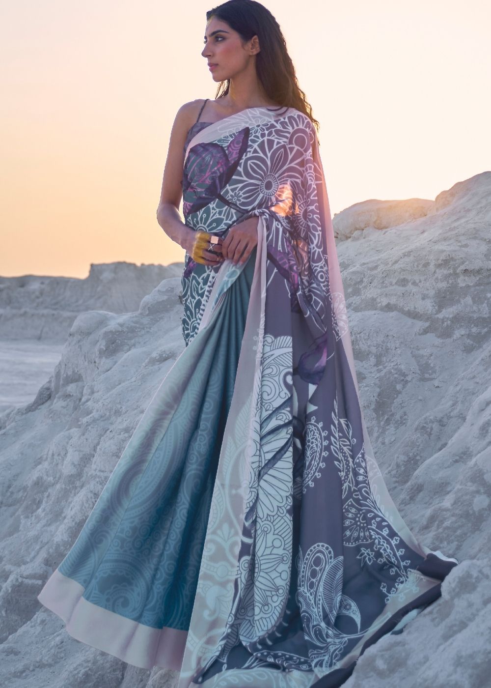 Cerulean Blue and Violet Digital Printed Crepe Silk Saree Clothsvilla Main image