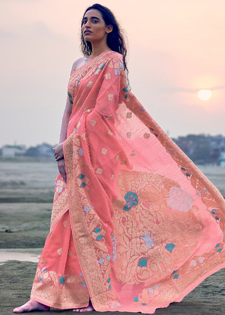 Punch Pink Woven Linen Silk Saree with Floral Motif on Pallu and Border Clothsvilla