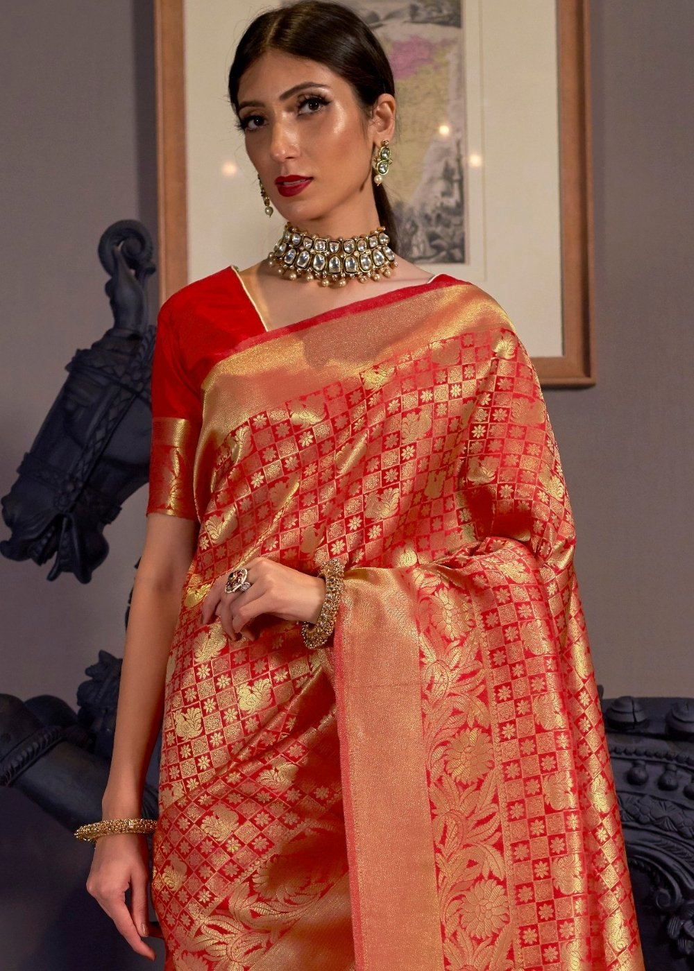 Tomato Red and Golden Blend Kanjivaram Soft Woven Silk Saree Secondary image