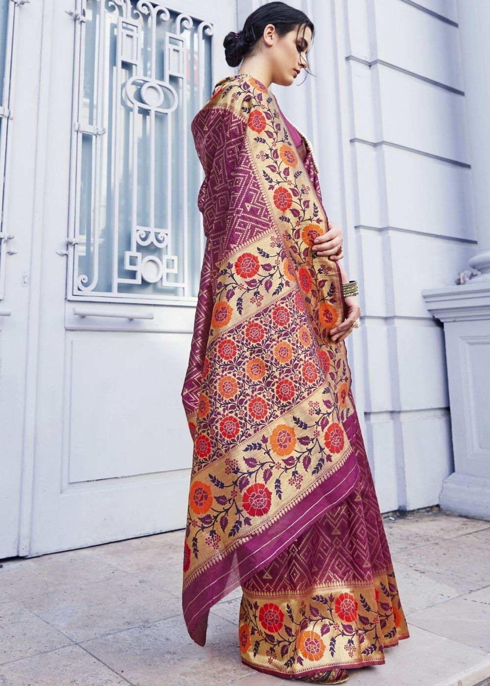 Begonia Pink and Golden Blend Silk Saree with Floral Woven Border and Pallu Clothsvilla