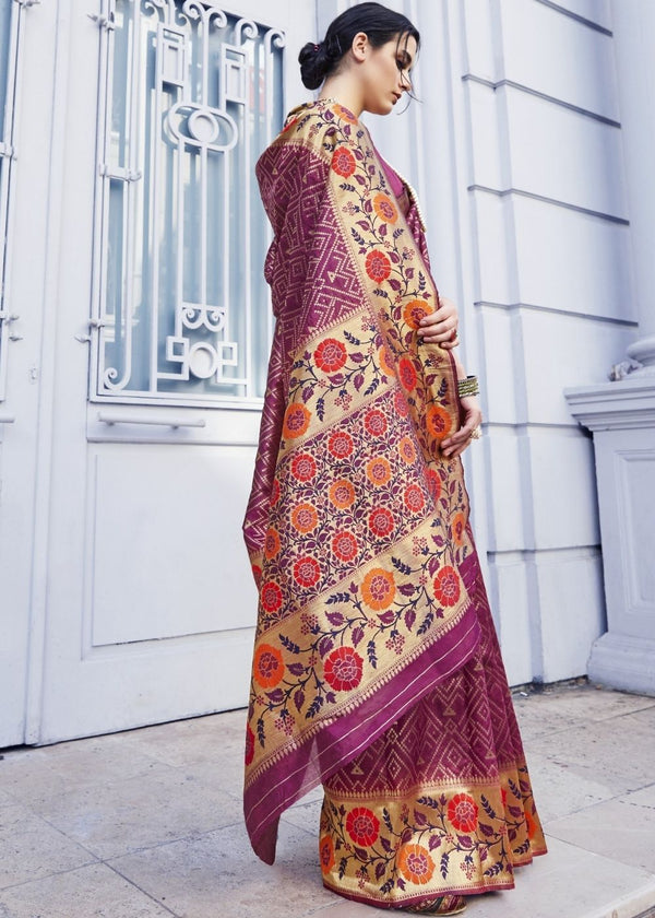 Begonia Pink and Golden Blend Silk Saree with Floral Woven Border and Pallu Clothsvilla