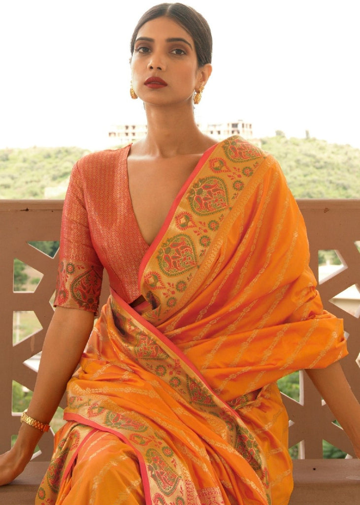 Amber Orange Woven Soft Banarasi Silk Saree with Contrast Pallu & Blouse Clothsvilla