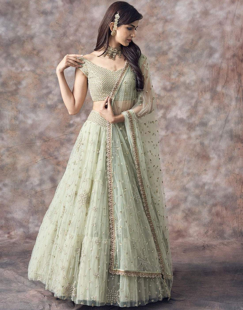 Lehenga Choli In Mint Green Color with Satin Blouse and Dupa Lehenga Choli In Mint Green Color with Satin Blouse and Dupa