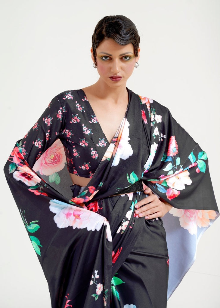 Raven Black Digital Printed Satin Crepe Saree Clothsvilla