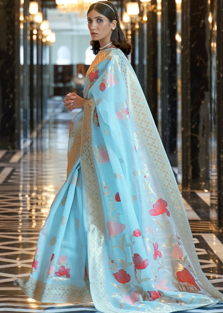 Maya Blue Zari Woven Linen Silk Saree Clothsvilla