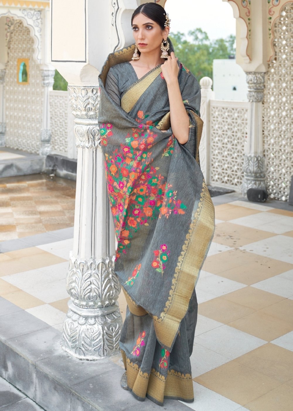 Iron Grey Floral Embroidered Linen Silk Saree Secondary image