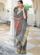 Load image into Gallery viewer, Iron Grey Floral Embroidered Linen Silk Saree Clothsvilla