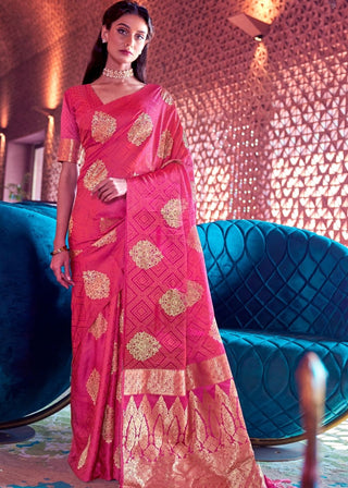 Hot Pink Satin Silk Saree with overall Golden Butti Clothsvilla