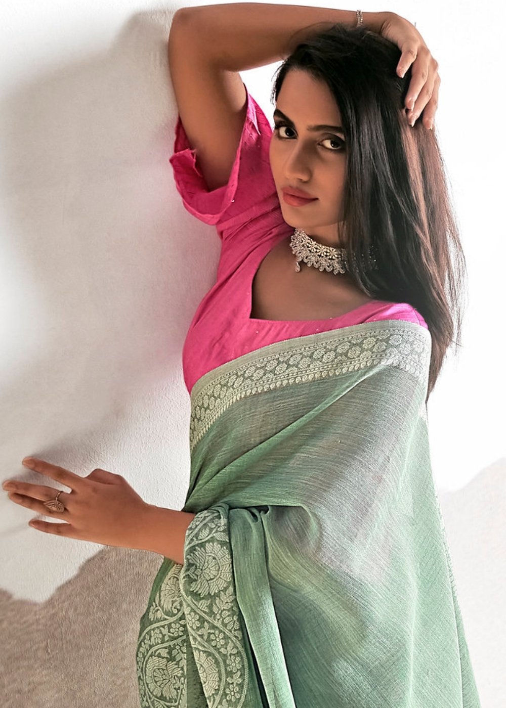 Viridian Green Soft Linen Silk Saree with Lucknowi work and Sequence Blouse Secondary image
