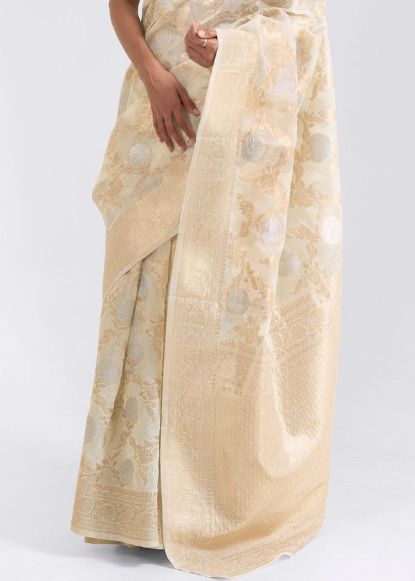 Ivory White Zari Woven Linen Silk Saree Clothsvilla