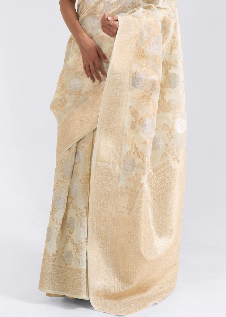 Ivory White Zari Woven Linen Silk Saree Clothsvilla