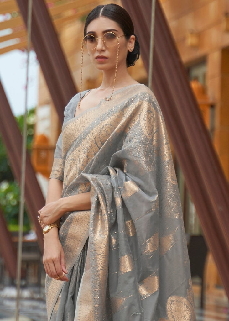 Lava Grey Zari Woven Silk Saree with Sequins work Clothsvilla