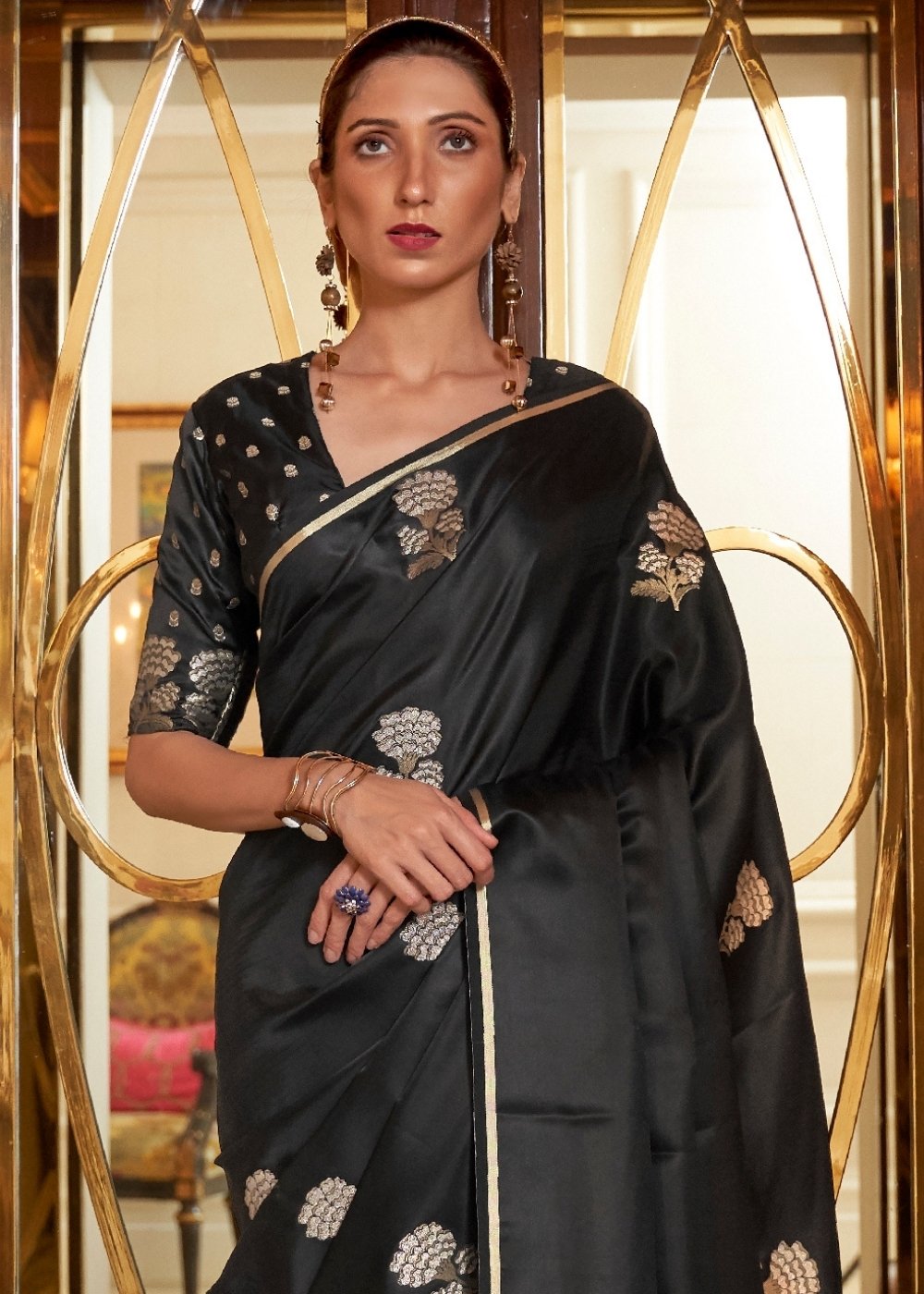 Midnight Black Designer Satin Silk Saree Secondary image