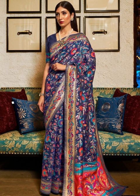 Space Blue Banarasi Jamawar Woven Silk Saree : Top Pick Clothsvilla Main image