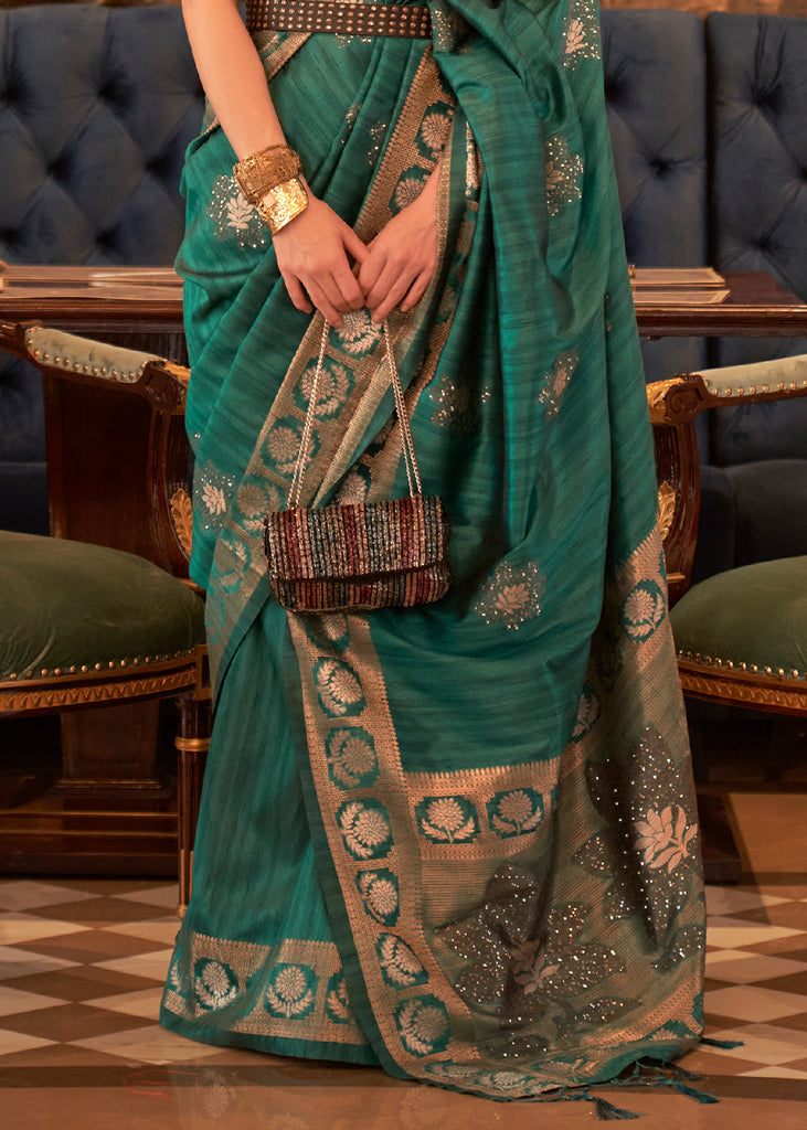 Castleton Green Woven Tussar Silk Saree with Sequins Work Clothsvilla