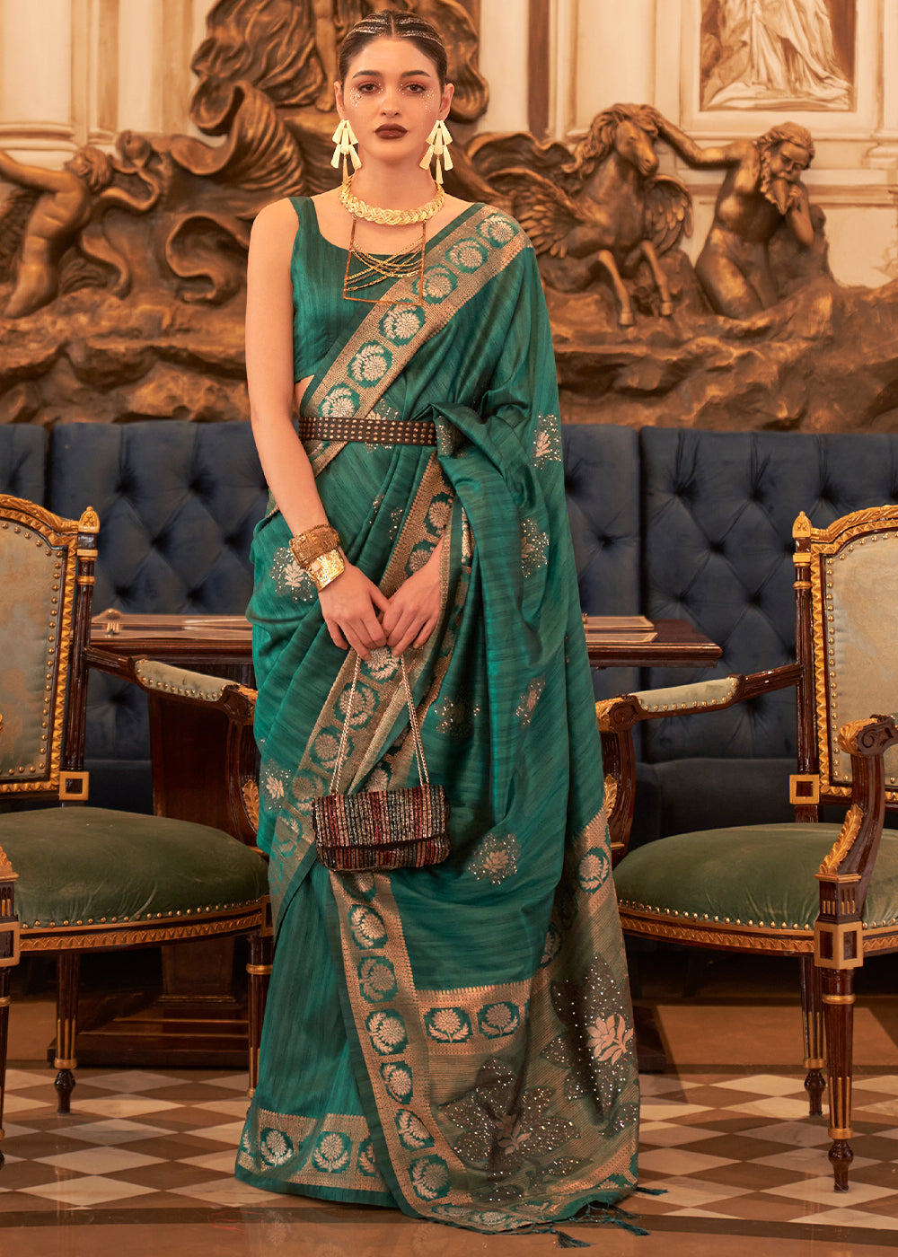 Castleton Green Woven Tussar Silk Saree with Sequins Work Clothsvilla Main image