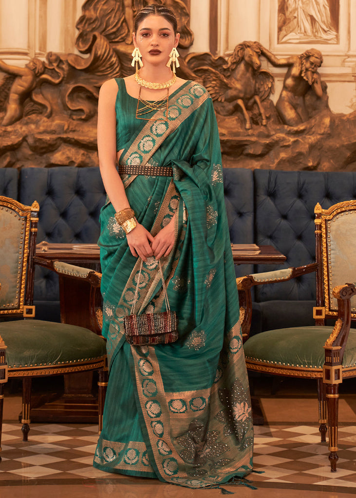 Castleton Green Woven Tussar Silk Saree with Sequins Work Clothsvilla