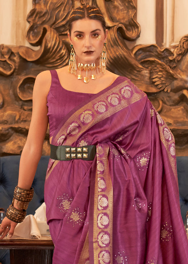 Royal Purple Woven Tussar Silk Saree with Sequins Work Clothsvilla