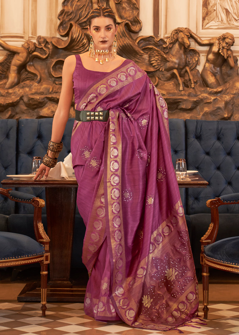 Royal Purple Woven Tussar Silk Saree with Sequins Work Clothsvilla Main image