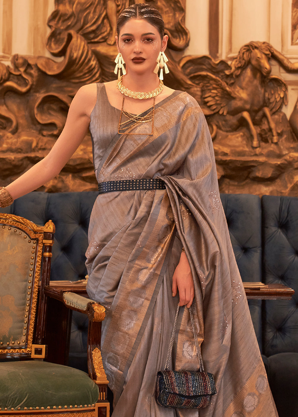 Chamoisee Brown Woven Tussar Silk Saree with Sequins Work Clothsvilla