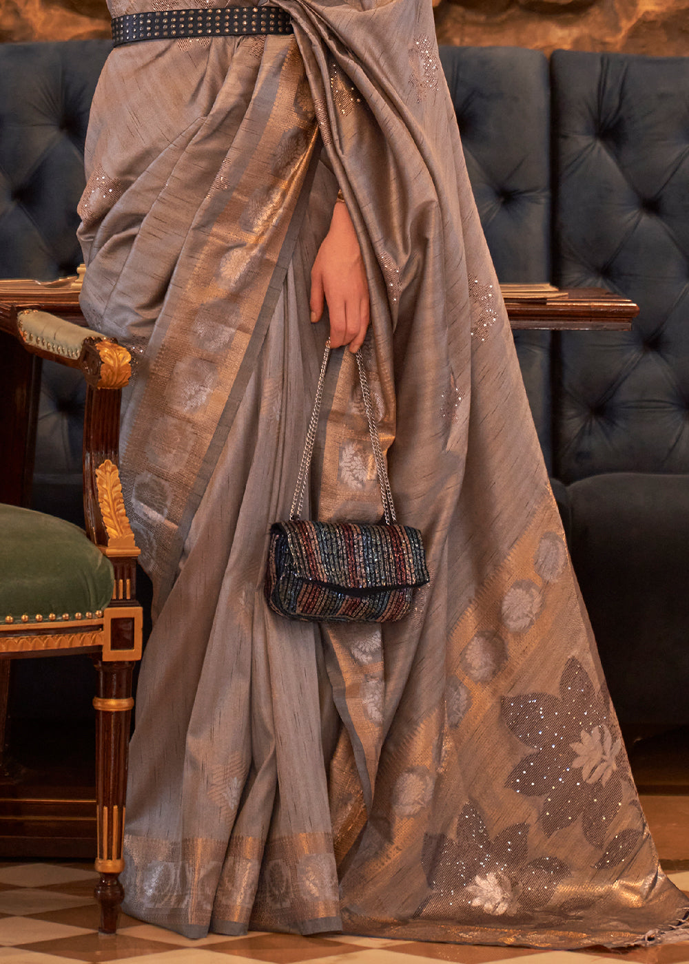 Chamoisee Brown Woven Tussar Silk Saree with Sequins Work Clothsvilla