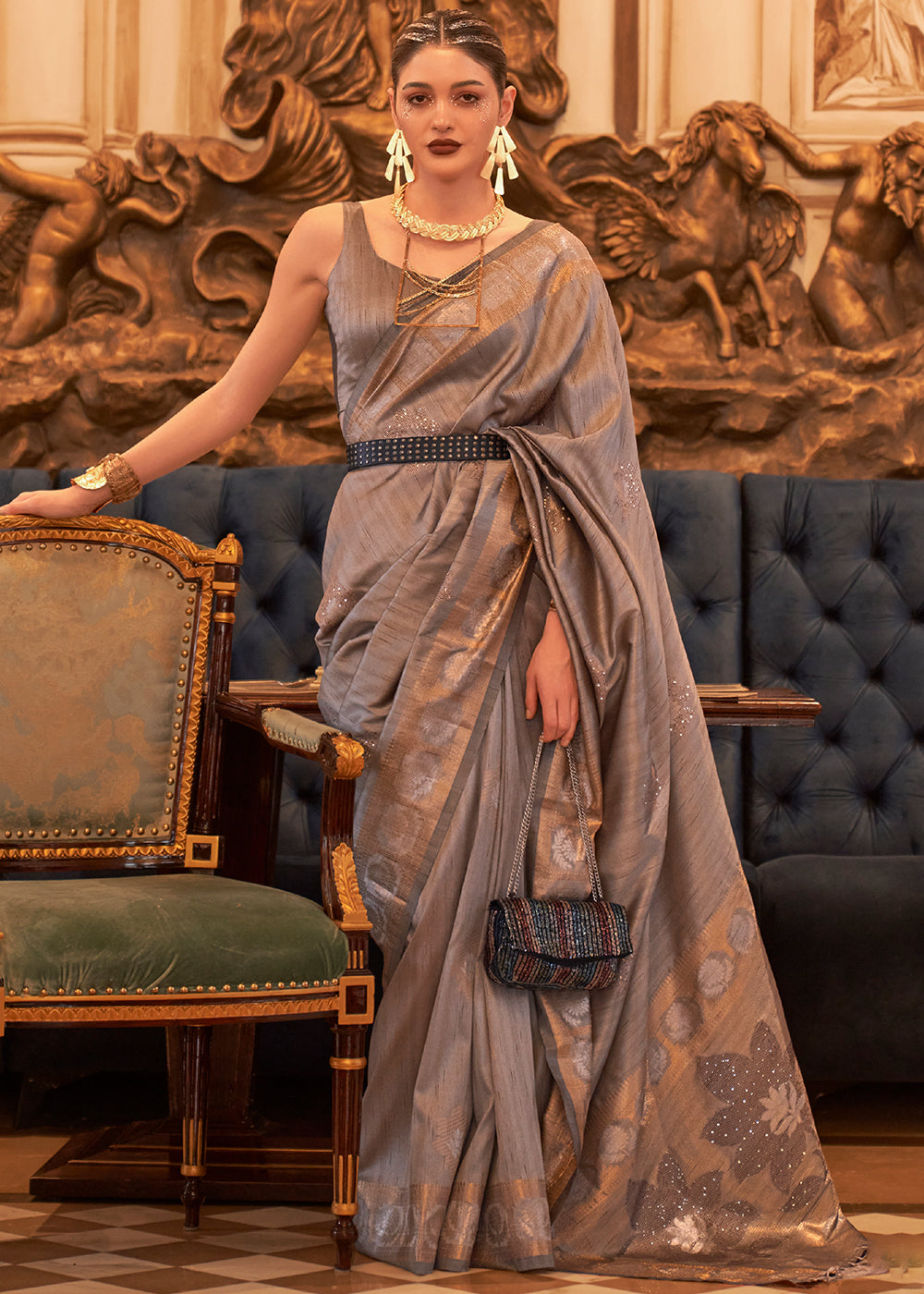 Chamoisee Brown Woven Tussar Silk Saree with Sequins Work Clothsvilla Main image
