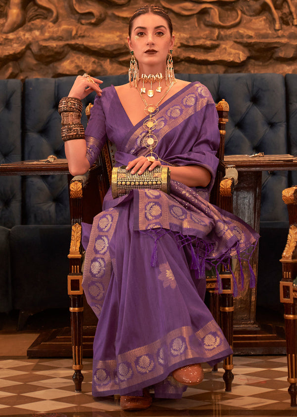 Indigo Purple Woven Tussar Silk Saree with Sequins Work Clothsvilla