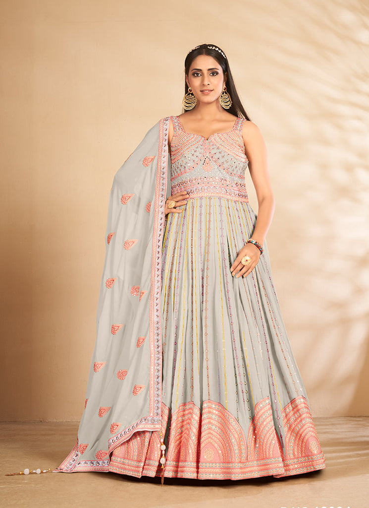Sky Blue Mirror Embroidered Anarkali Gown Clothsvilla