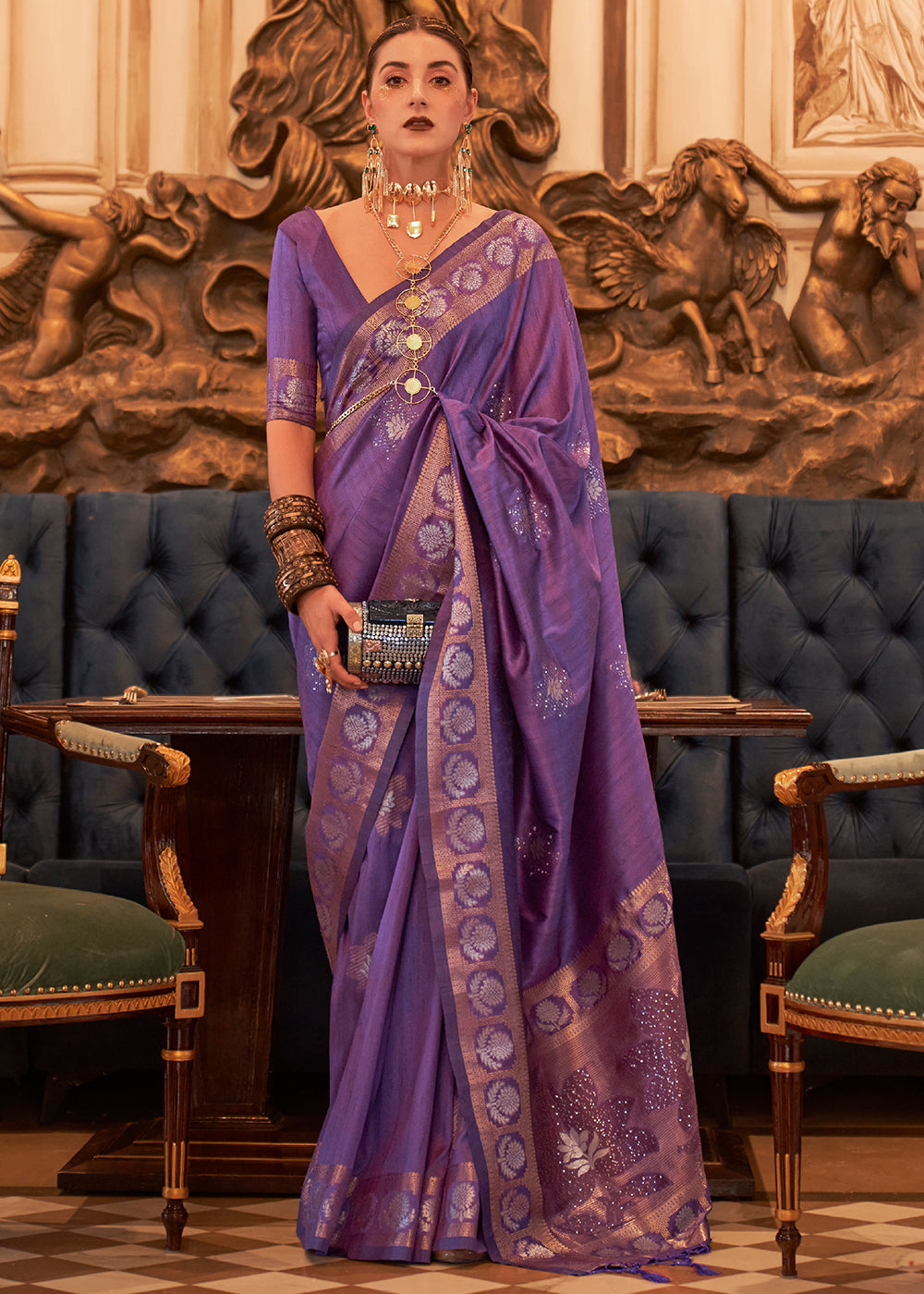 Indigo Purple Woven Tussar Silk Saree with Sequins Work Clothsvilla Main image