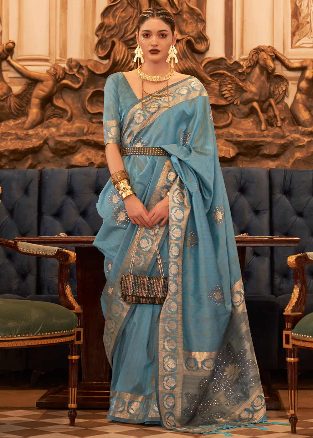 Light Pacific Blue Woven Tussar Silk Saree with Sequins Work Clothsvilla