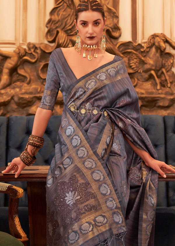 Dark Grey Woven Tussar Silk Saree with Sequins Work Clothsvilla