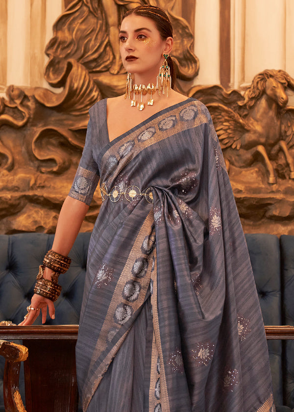 Dark Grey Woven Tussar Silk Saree with Sequins Work Clothsvilla