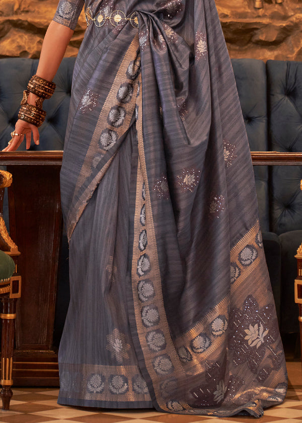 Dark Grey Woven Tussar Silk Saree with Sequins Work Clothsvilla